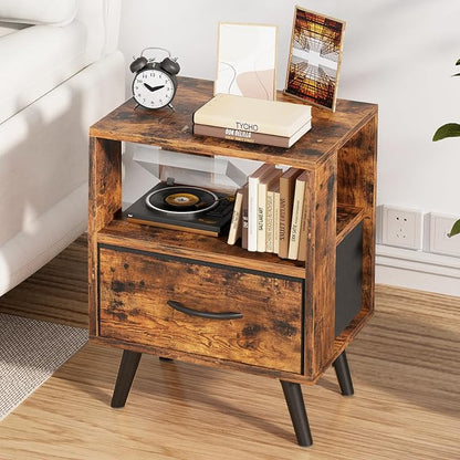 Aenuert Night Stand, Brown Nightstand with Drawer, Side Table with Open Storage, 2-Tier Modern End Table, Bedside Table for Small Space, Living Room, Bedroom