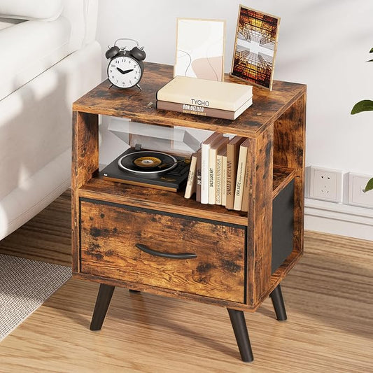 Aenuert Night Stand, Brown Nightstand with Drawer, Side Table with Open Storage, 2-Tier Modern End Table, Bedside Table for Small Space, Living Room, Bedroom