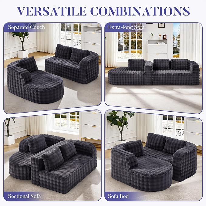 Hobestluk Modular Sectional Sofa Couches L-Shape Couch 3 Seat Modular Sofa Memory Foam Sectional Couches for Living Room, Cloud Couch (Round Ash Grey, 96", Right Hand Facing)