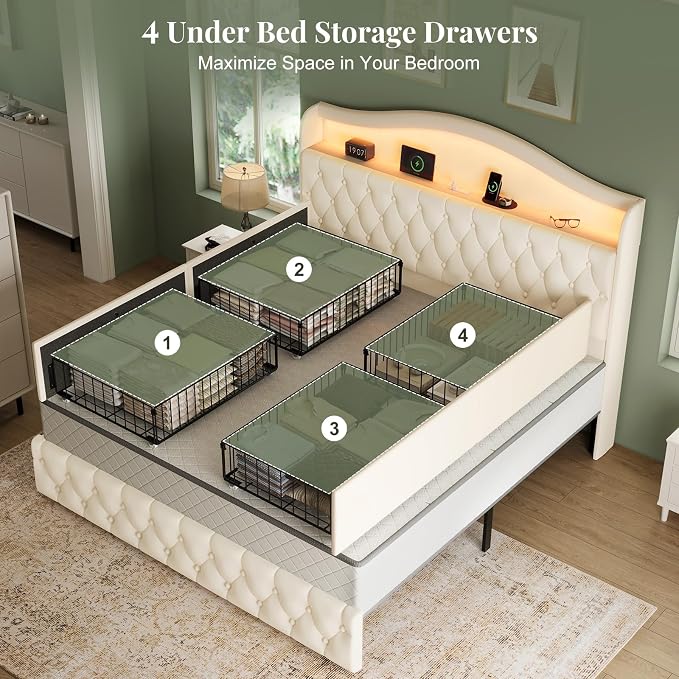 King Size Bed Frame and Headboard & 4 Storage Drawers, Upholstered Platform Bed Frame with RGB LED Lights & Charging Station, No Box Spring Needed, Easy Assembly, Noise-Free, Beige