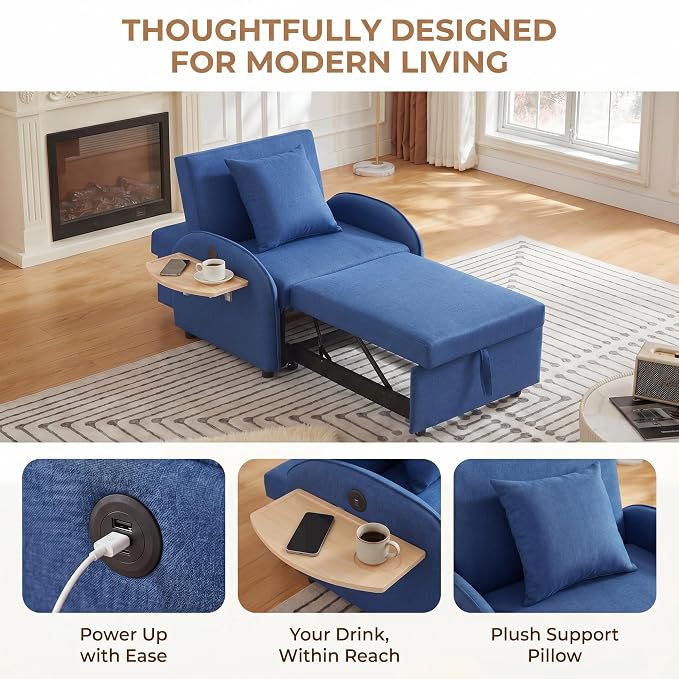3-in-1 Convertible Sleeper Bed, Pull Out Single Sofa Bed with Adjustable Backrest, Foldable Recliner Sofa with Side Table & USB Port, Sleeper Chair for Living Room, Home Office, Blue