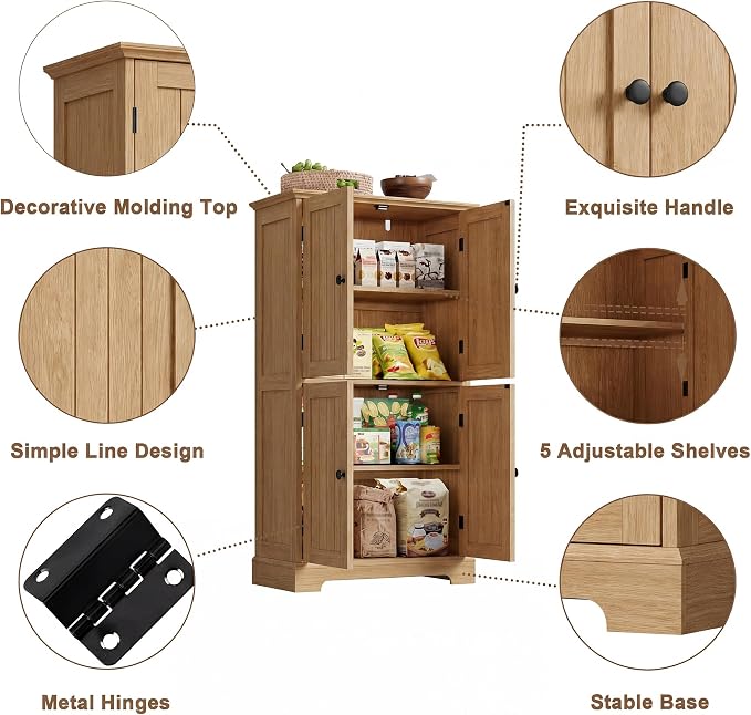 ChooChoo Bathroom Floor Cabinet, Modern Bathroom Storage Cabinet with 4 Doors and Adjustable Shelves, Freestanding Cupboard for Living Room, Natural