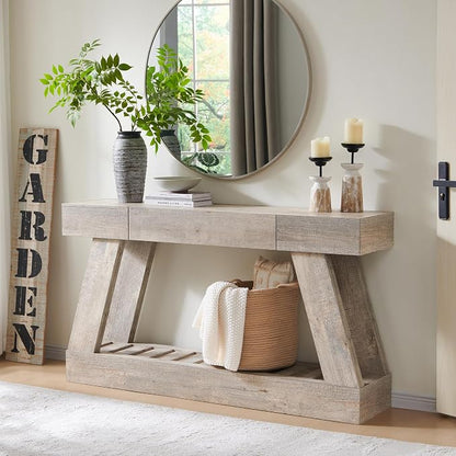 60" Farmhouse Entryway Table with Drawer, Wooden Hallway Foyer Table with Heavy Duty Base(Light Rustic Oak)