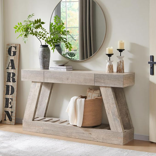 60" Farmhouse Entryway Table with Drawer, Wooden Hallway Foyer Table with Heavy Duty Base(Light Rustic Oak)