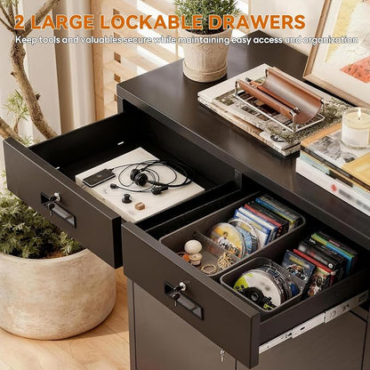 BESFUR Metal Storage Cabinet, Garage Storage Cabinet with 2 Drawers and Adjustable Shelf, Locking Short Storage Cabinet for Office Garage Home, Black Metal Cabinets(36" H x 31.5" W x 16" D)