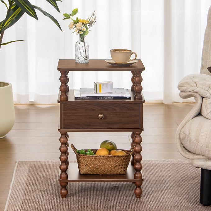 AWASEN Mid Century Modern Nightstand, Bedside Table with Storage, 3-Tier Small Night Stand End Table with Drawer for Bedroom &Solid Wood Spindle Legs, Walnut Brown