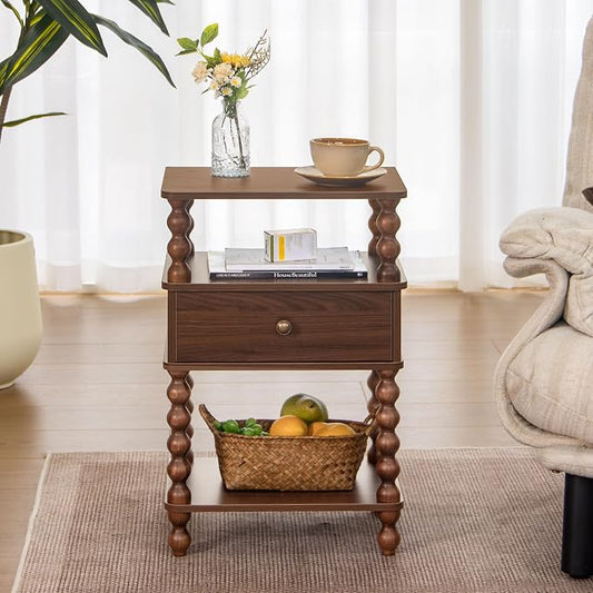 AWASEN Mid Century Modern Nightstand, Bedside Table with Storage, 3-Tier Small Night Stand End Table with Drawer for Bedroom &Solid Wood Spindle Legs, Walnut Brown
