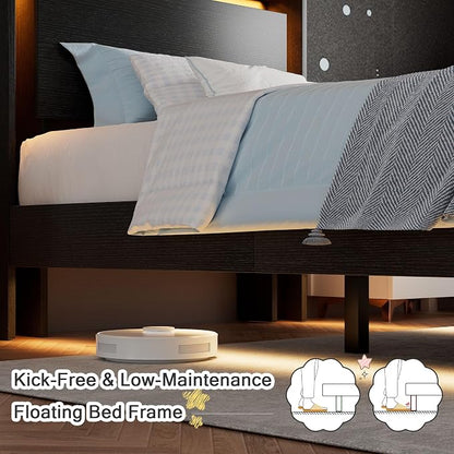 Einhomn Twin Bed Frames with LED Lights and Charging Station - Wood Floating Bed Frame with Storage Headboard, Adhesive Slats, Kick-Free & Noise-Free Design, Easy Assembly, Black