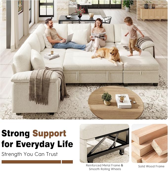 Ihanherry 108" Modular Sectional Sofa with Pull Out Bed, 7-Seater L Shaped Sectional Sleeper Couch with Storage, Chenille Convertible Couches for Living Room, Apartment (Beige)
