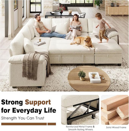 Ihanherry 108" Modular Sectional Sofa with Pull Out Bed, 7-Seater L Shaped Sectional Sleeper Couch with Storage, Chenille Convertible Couches for Living Room, Apartment (Beige)