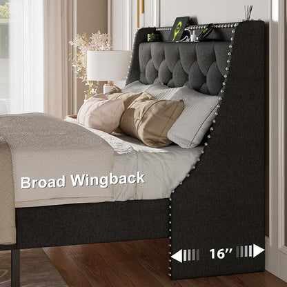 Feonase Full Size Bed Frame with Luxury Wingback and Fast Charging Station,Full Upholstered Button Tufted Storage Headboard Platform Bed,Sturdy Wooden Slats Support,Noise-Free, Easy Assembly,Dark Gray