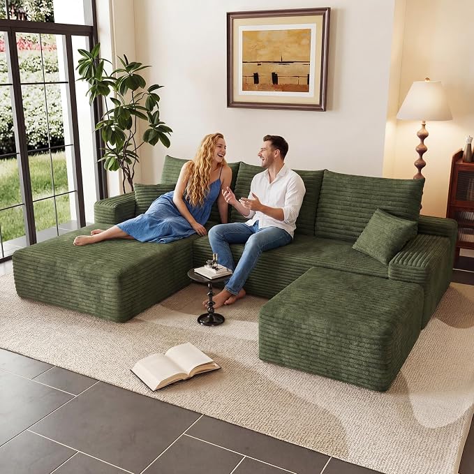95" Cloud Sectional Couch U-Shaped Chaise with Ottoman, Corduroy Boneless Couch for Living Room Bedroom, Deep-Seat Upholstered Modular Cloud Sofa, No Assembly Required (Green, Left Facing Chaise)