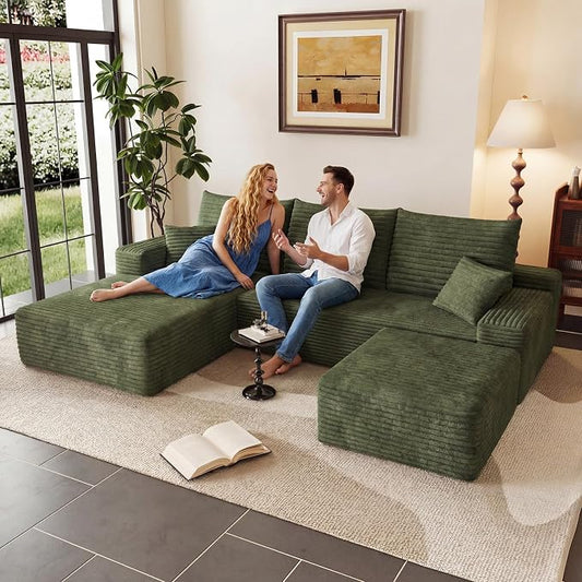 95" Cloud Sectional Couch U-Shaped Chaise with Ottoman, Corduroy Boneless Couch for Living Room Bedroom, Deep-Seat Upholstered Modular Cloud Sofa, No Assembly Required (Green, Left Facing Chaise)
