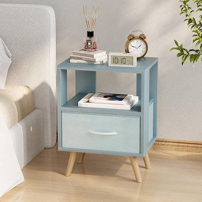Huhote Kids Nightstand, 2-Tier Night Stand with Drawer, Modern Side Table for Bedroom, Study Room, Small Spaces, Blue