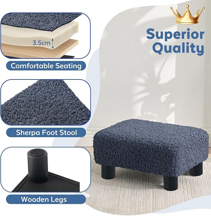 BRIAN & DANY Small Foot Stool Ottoman, Footstool with Legs, Sherpa Foot Rest for Couch, Foot Stools Small for Living Room, Bedroom and Office, Blue