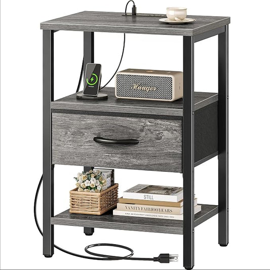 SUPERJARE Nightstand with Charging Station, Bed Side Table with Adjustable Fabric Drawer, Night Stand for Bedroom, 3-Tier Storage End Table, for Living Room, Grey