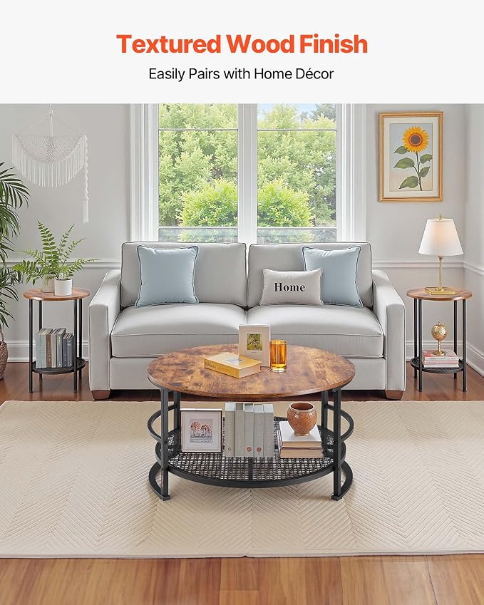 VEVOR 3 Pieces Round Coffee Table Sets, 31.5 in Industrial Living Room Table with 2 End Side Tables, Easy Assembly Coffee and End Tables Sets with Metal Legs, for Office, Living Room and Apartment