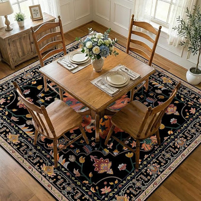 RELEANY Area Rugs Square 7ft Washable Non-Slip, Floral Vintage Distress Medallion Carpet for Living Room Bedroom Dining Room, Black Colorful Floral Dark Tan
