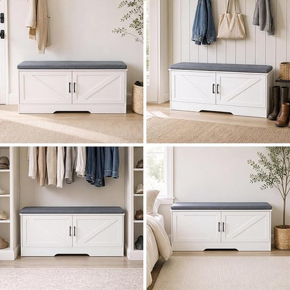 NEWBULIG Shoe Storage Bench for Entryway with Cushion, 39.4IN, White | Shoe Organizer Cabinet with Padded Cushion and Doors, Adjustable Shelves, Shoes Bench for Hallway, Mudroom, Bedroom