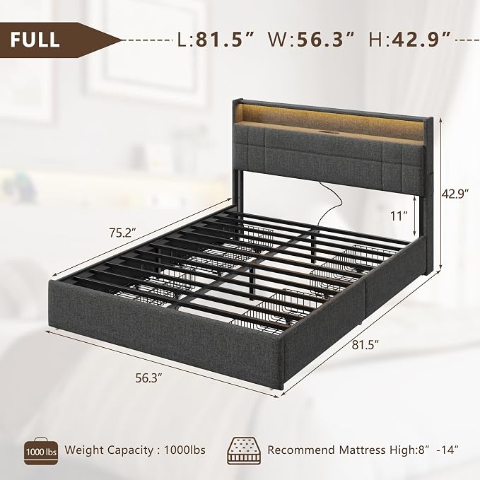 Forestell Full Size Bed Frame with 4 Drawers and Storage Headboard, Grey Upholstered Platform Bed Frame Full Size with Charging Station and LED Lights, Metal Slats Support, No Box Spring Needed