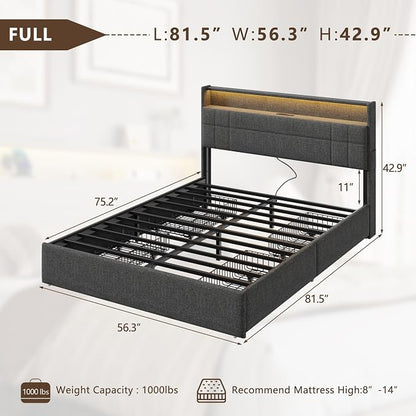 Forestell Full Size Bed Frame with 4 Drawers and Storage Headboard, Grey Upholstered Platform Bed Frame Full Size with Charging Station and LED Lights, Metal Slats Support, No Box Spring Needed