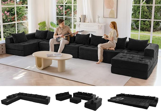 MAXYOYO Modular Sectional Sofa Couch, Foldable Oversized U Shaped Cloud Couch with Pillows, Tufted Boneless Lounger Floor Sofa Bed for Living Room, No Assembly Required, Black