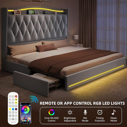 DWVO King Size Bed Frame with 4 Storage Drawers and RGB LED Lights, 57'' Tall Headboard Velvet Upholstered Bed with Charging Station, No Box Spring Needed, Easy Assembly, Noise-Free, Dark Grey