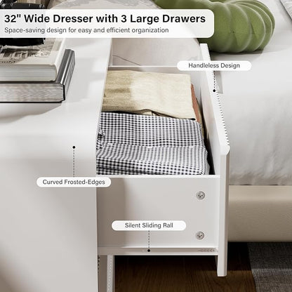 Furniway Bedroom Dresser Set 3 Piece, 5 Drawer Curved Dresser with 2 Nightstands, Modern Fluted Wood Storage Cabinet, White Chest of Drawers with Pop-Up Design, White