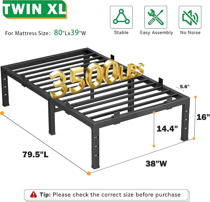 16 Inch Twin XL Bed Frames, Heavy Duty Metal Platform 3500 lbs Capacity, No Box Spring Needed, 6 Mattress Slide Stopper, Headboard Holes, Noise-Free, Easy Assembly