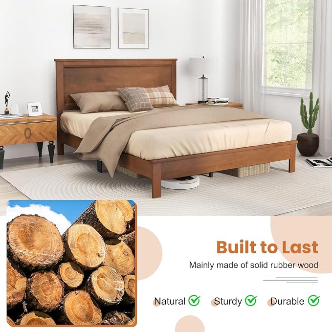 Giantex Wood Full Platform Bed Frame with Headboard, Mid Century Bed Frame with Solid Wood Legs & Wooden Slat Support, Pallet Bed Mattress Foundation, No Box Spring Needed