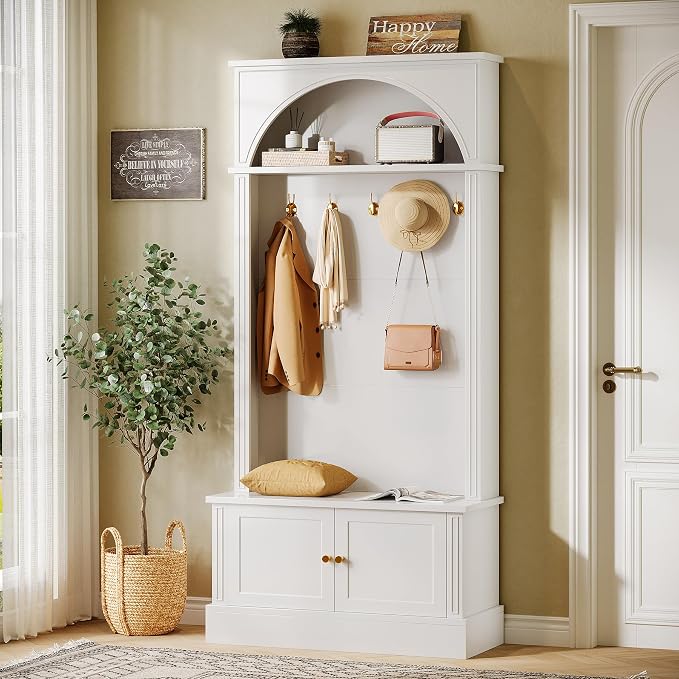 Tribesigns Hall Tree with Bench and Shoe Storage, 4-in-1 Design Entryway Bench with Coat Rack, 70.86" Tall Mudroom Rack with 5 Double Hooks and Adjustable Shelf for Hallway (White)