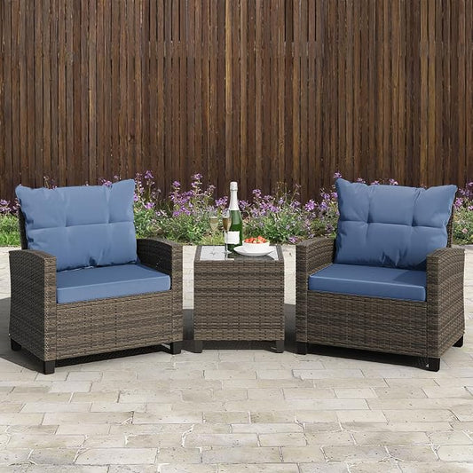 Shintenchi 3 Pieces Patio Furniture Set 3 Pieces PE Rattan Wicker Chairs with Table Outdoor Furniture for Backyard/Garden/Poolside/Outdoor Restaurant Gary Rattan with Blue Cushion