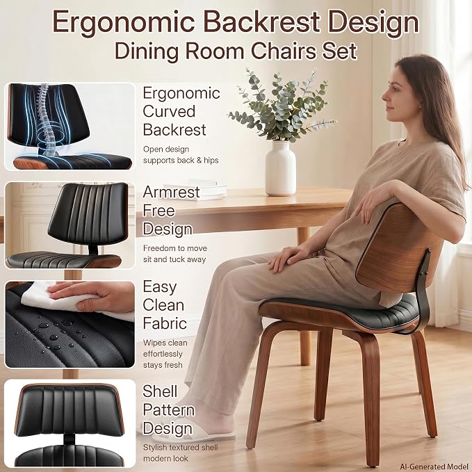 Armless Dining Chairs Set of 2, Walnut Black | Set of 2 premium armless chairs with ergonomic walnut bentwood back and high-density foam padding for superior comfort