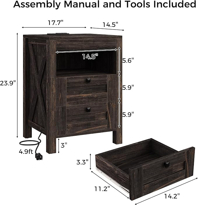 Luoxiao Nightstand Set of 2 with Charging Station, End Table, 18" Farmhouse Side Table with 2 Storage Drawers, Rustic Wooden Sofa Table, Bedside Cabinet for Living Room, Bedroom