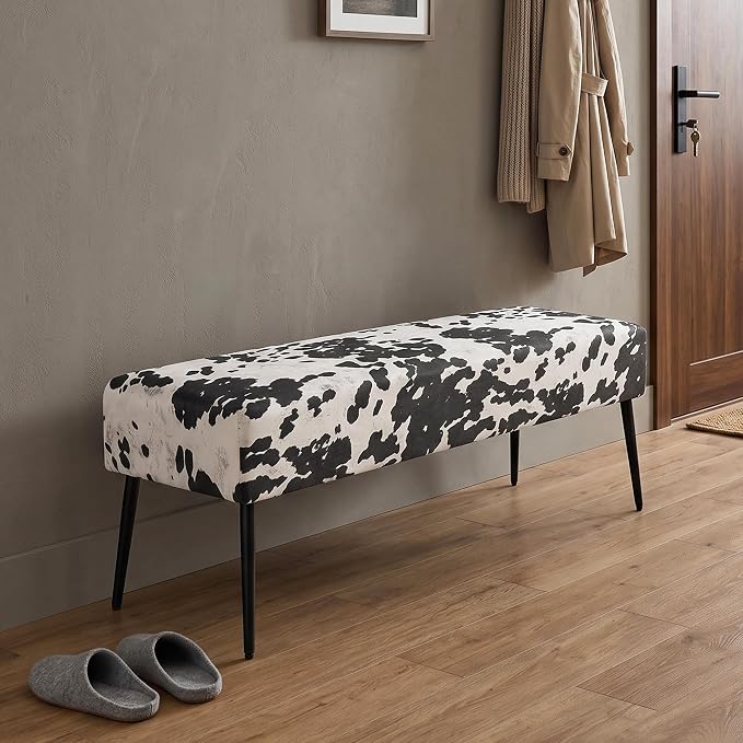 DUHOME Velvet Bench Ottoman, Upholstered Bedroom Benches Cow Print End of Bed Bench with Black Metal Base for Entryway Dining Room Living Room Bedroom, Black