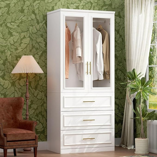 Timechee Almirah for Clothes, 74.8" Tall Bedroom Closet Storage Cabinet with Tempered Glass Doors and Shelves, Hanging Rod, White Standing Wardrobe Armoire Clothes Closet with Drawers for Bedroom