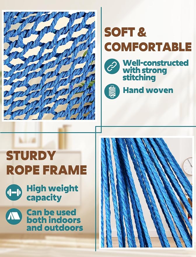 Chihee Handwoven Cotton Hammock Chair Large Hanging Rope Chair 7.9ft with Detachable Strong Metal Spreader Bar, Breathable Net Swing Seat Color Blocking, Portable with Carry Bag, Indoor Outdoor Use