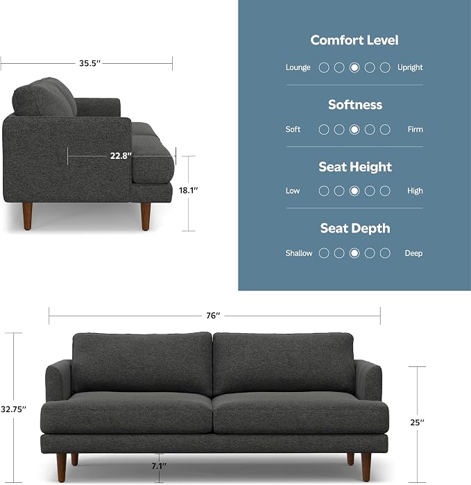 SIMPLIHOME Livingston 76" Wide x 33" High Sofa in Charcoal Grey Woven-Blend Fabric, Handcrafted Loveseat Couch for Living Room or Family Room, Mid-Century Modern Style, Solid Wood Frame