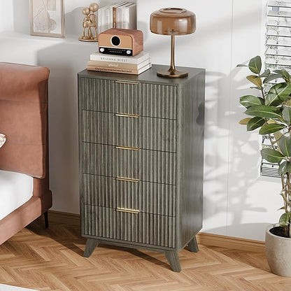 VINGLI Fluted Tall Dresser 5 Drawer, 23.66" W Chest of Drawers Gray Wood Dresser with Rounded Edges, Grey Dressers for Bedroom, 23.66" W*15.6" D*44.88" H