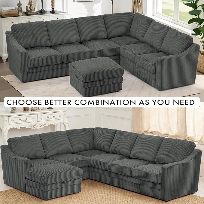 115" Corduroy Sectional Sofa with Storage Ottoman, Modern 7 Seats Corner Couch with Deep Seats, Comfy Modular U Shaped Couch with Comfortable Cushions for Living Room, Grey