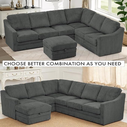 115" Corduroy Sectional Sofa with Storage Ottoman, Modern 7 Seats Corner Couch with Deep Seats, Comfy Modular U Shaped Couch with Comfortable Cushions for Living Room, Grey