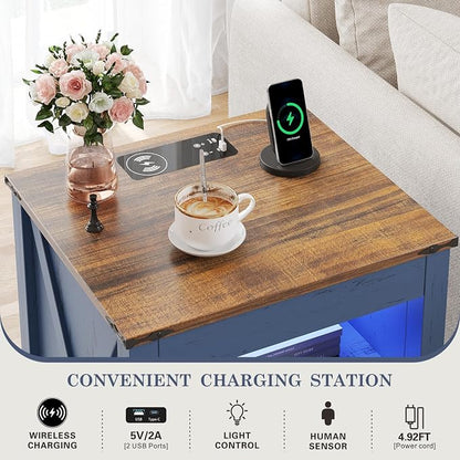 TAGELIER Farmhous Nightstand with Gun Drawer,Bedside Table with Charging Station, Gun Night Stand with LED Light & Human Sensor,Smart End Table for Bedroom, Blue