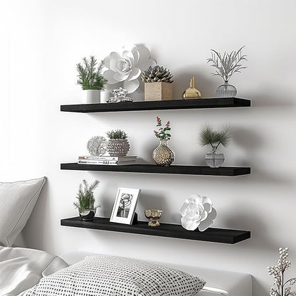 YYWUOJJ Wood Floating Shelves for Wall Decor, Rustic Wall Shelves for Bedroom Bathroom Kitchen Living Room, Set of 4 Black 36 Inch