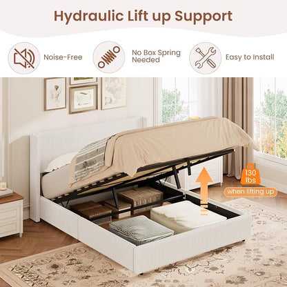 Garvee Queen Lift Up Storage Bed Frame, Corduroy Upholstered Platform Bed with Gas Lift, Padded Headboard, Wooden Slat Support, No Box Spring Needed, Easy Assembly, White