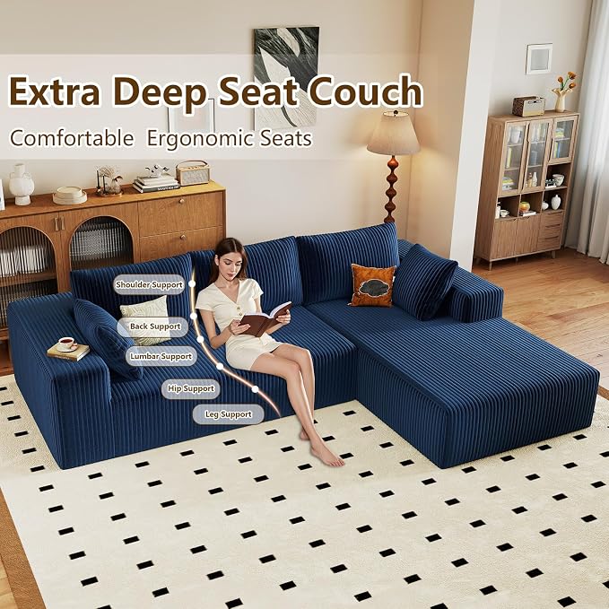96" Modular Sectional Couch, Boneless L Shaped Cloud Sofa with Chaise Lounge, Corduroy Upholstered Couches Memory Foam Deep Seat, No Assembly Required, Ideal for Living Room(Blue, Right Facing)