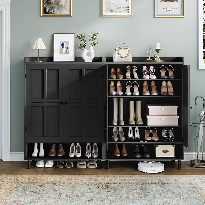 Shoe Storage Cabinet with 2 Doors, 6-Tier Shoe Cabinet with 3 Adjustable Shelves and Metal Legs, 45'' Tall Shoe Rack Organizer Cabinet for Entryway, Front Door, Black
