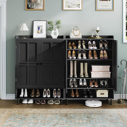 Shoe Storage Cabinet with 2 Doors, 6-Tier Shoe Cabinet with 3 Adjustable Shelves and Metal Legs, 45'' Tall Shoe Rack Organizer Cabinet for Entryway, Front Door, Black