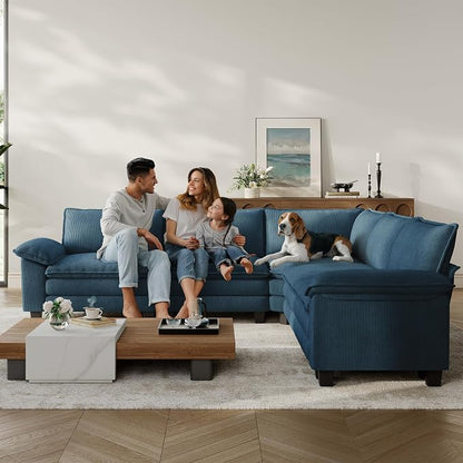 LINSY HOME Modular Sectional Sofa 5 Seat Couch Corduroy Cloud Couch with Deep Seat, Modern V-Shaped Cloud Couch for Living Room, Office, Bedroom, Blue