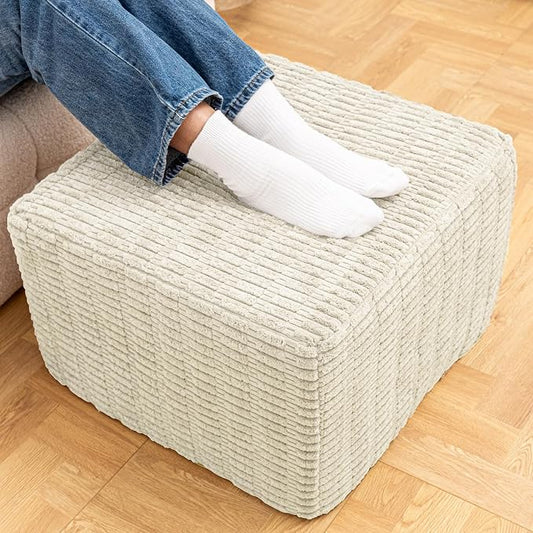 Asuprui Round Square Pouf Ottoman Foot Rest – Lightweight Modern Footstool with Plush Foam Filling, Perfect for Living Room Decor & Cozy Comfort – 20x20x14 Inch Chic Accent Piece (Cream)