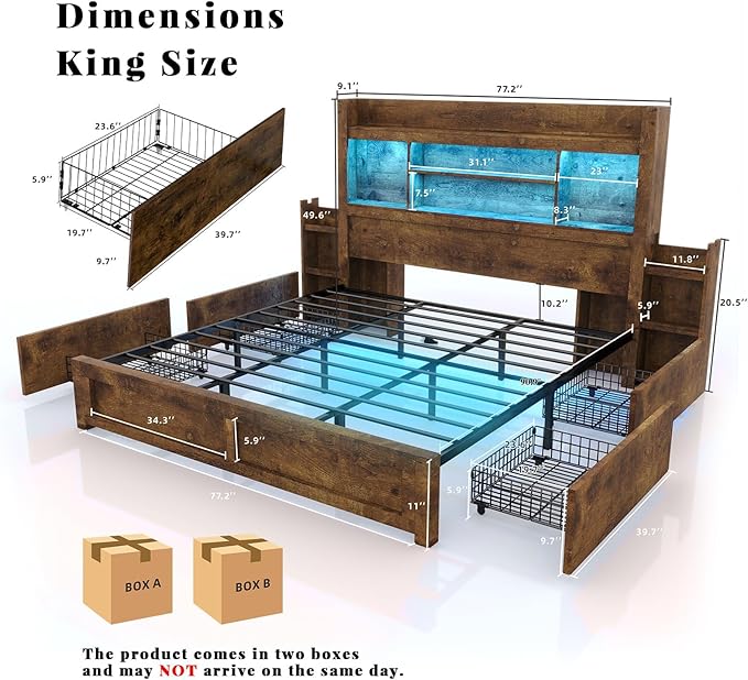 LUXOAK King Bed Frame with 49.6" Bookcase Headboard & 2 Bedside Stoage Racks & 4 Drawers, Farmhouse Wood Bed Frame with RGB LED & Charging Station, No Box Spring Needed, Rustic Brown